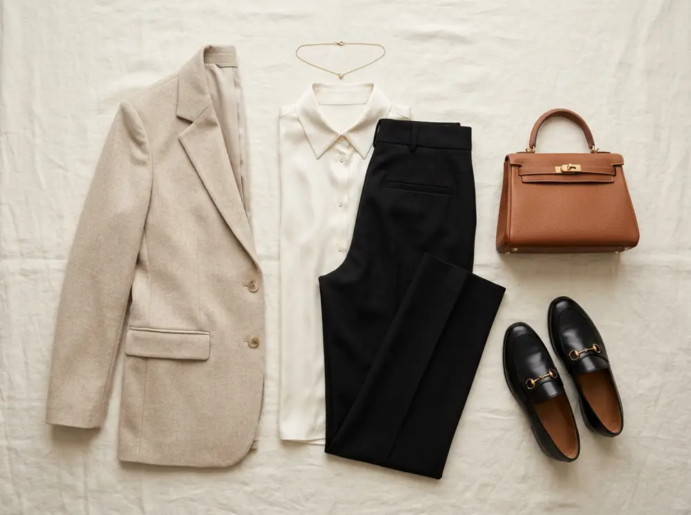 Beige blazer, white blouse, black trousers and leather accessories arranged as a complete outfit